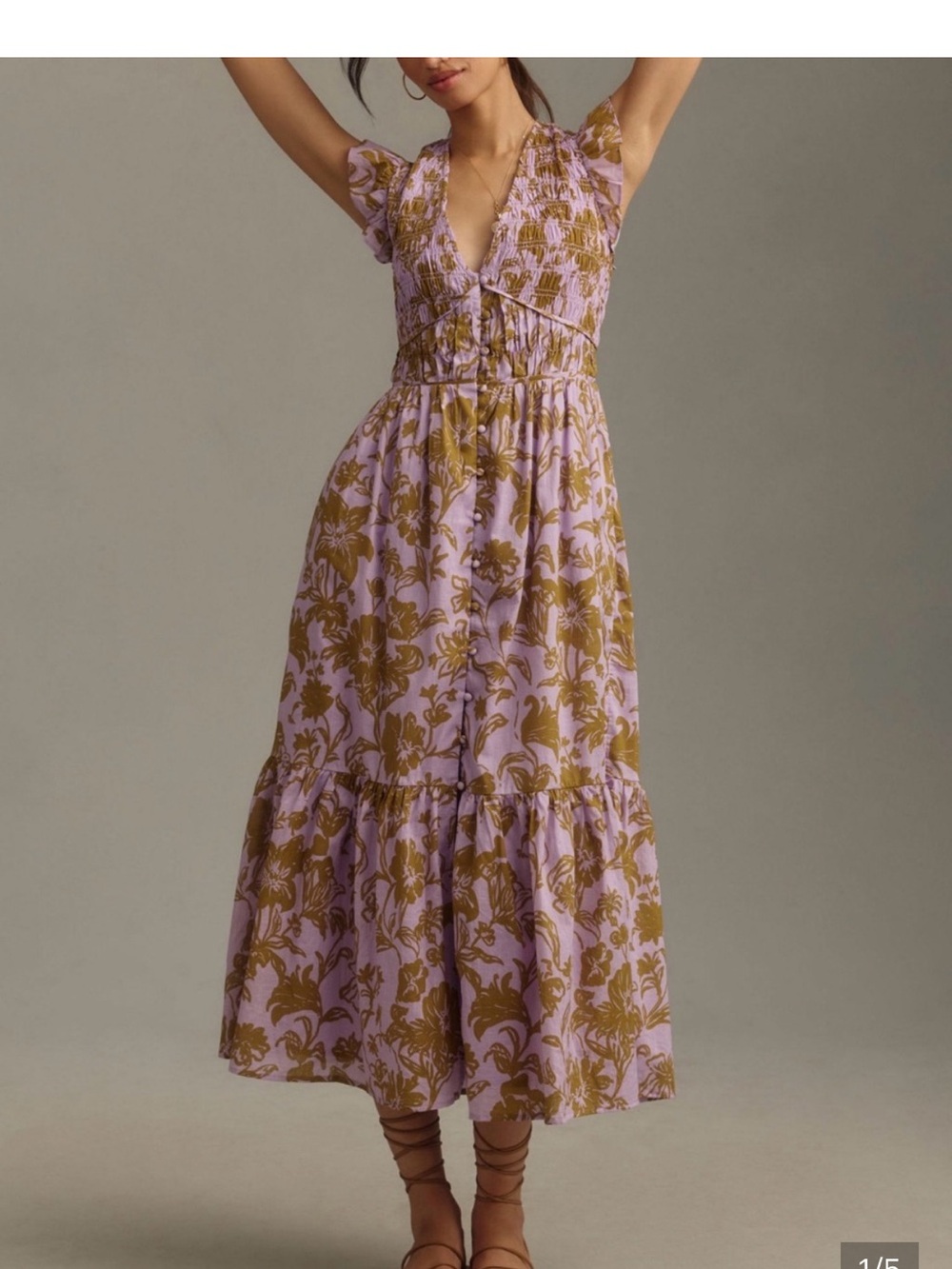 Anthropologie Peregrine Mauve
Midi Dress with Olive Floral
Print